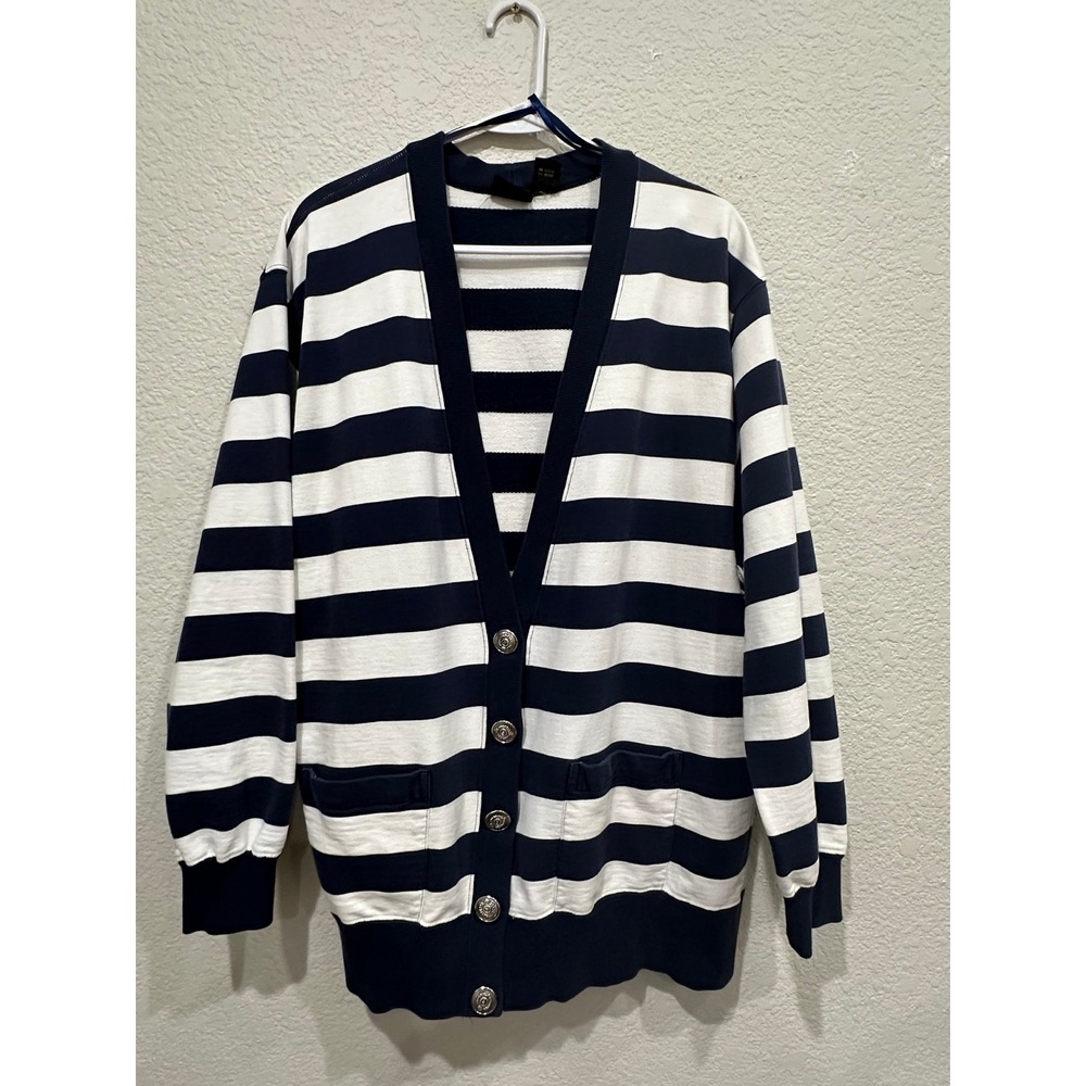 Lizsport Vintage Navy White Striped Cotton Cardigan Sweater Silver Crest Buttons